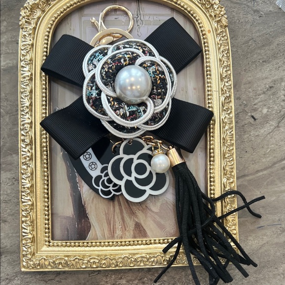 Accessories - Black and Gold Floral Keychain bag charm with Pearl Accent white
